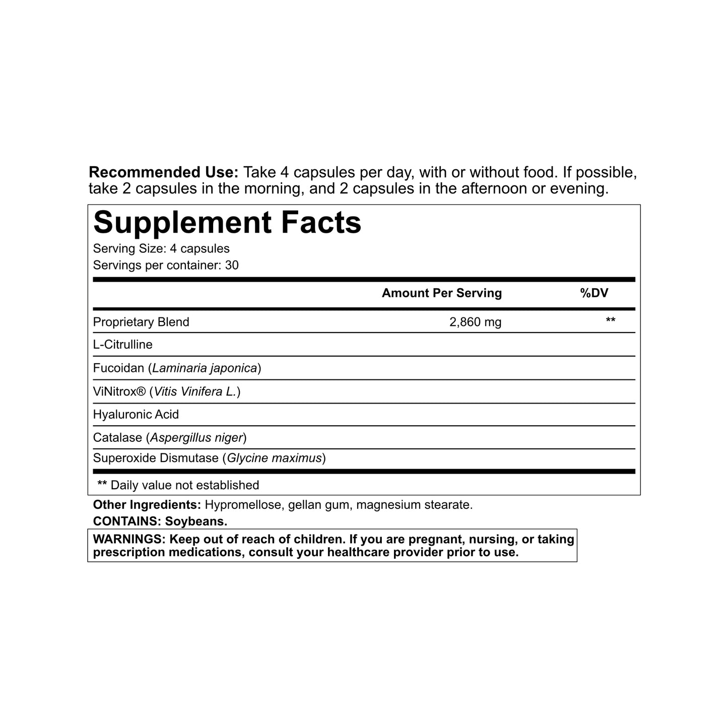 Revasca™ Supplement Facts label showing a 2,860 mg proprietary blend with L-citrulline, fucoidan, ViNitrox®, hyaluronic acid, catalase, and superoxide dismutase. Serving size 4 capsules with 30 servings per container.
