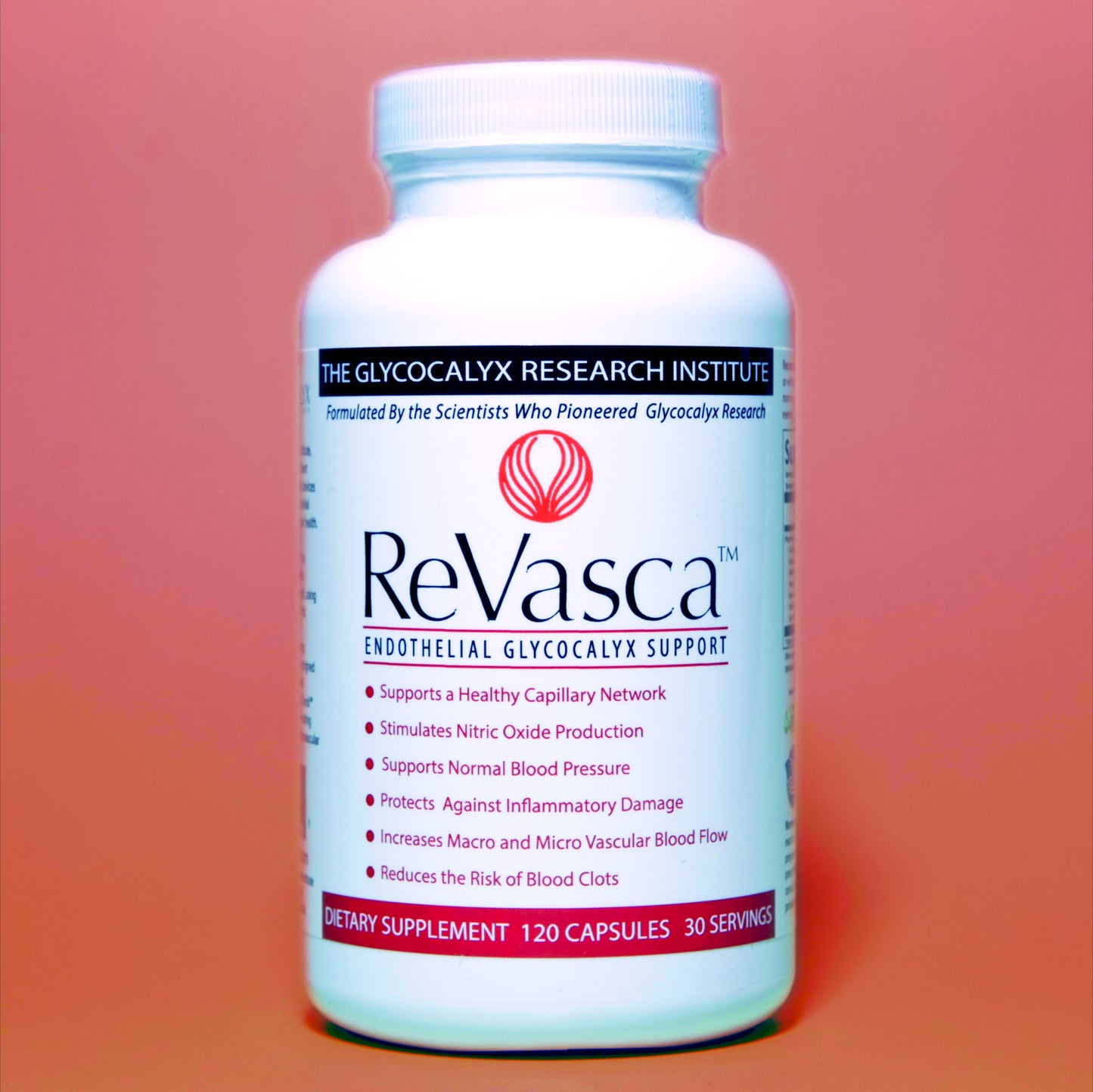 Front view of Revasca™ advanced circulatory support supplement bottle containing 120 capsules and 30 servings, formulated to support healthy circulation, vascular function, blood flow, and endothelial glycocalyx health.