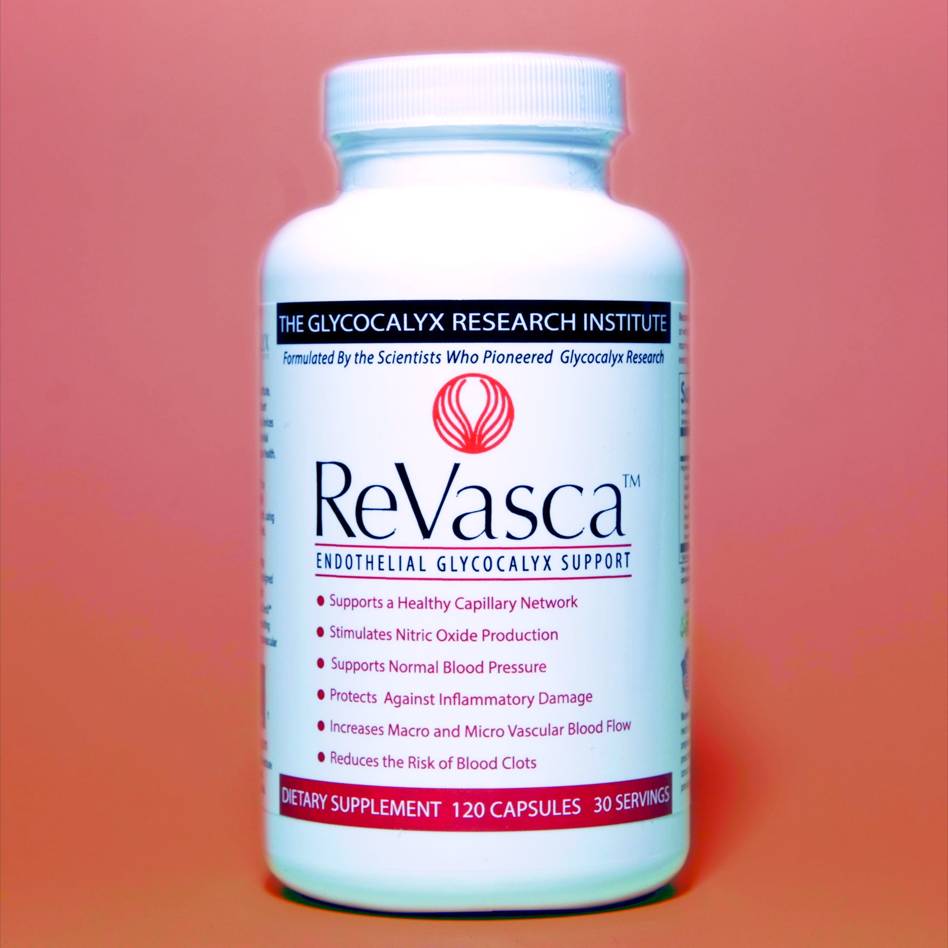 Front view of Revasca™ advanced circulatory support supplement bottle containing 120 capsules and 30 servings, formulated to support healthy circulation, vascular function, blood flow, and endothelial glycocalyx health.