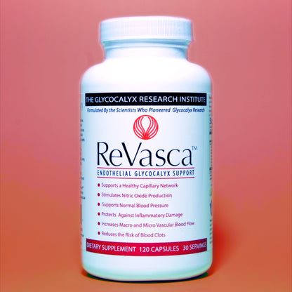 Front view of Revasca™ advanced circulatory support supplement bottle containing 120 capsules and 30 servings, formulated to support healthy circulation, vascular function, blood flow, and endothelial glycocalyx health.