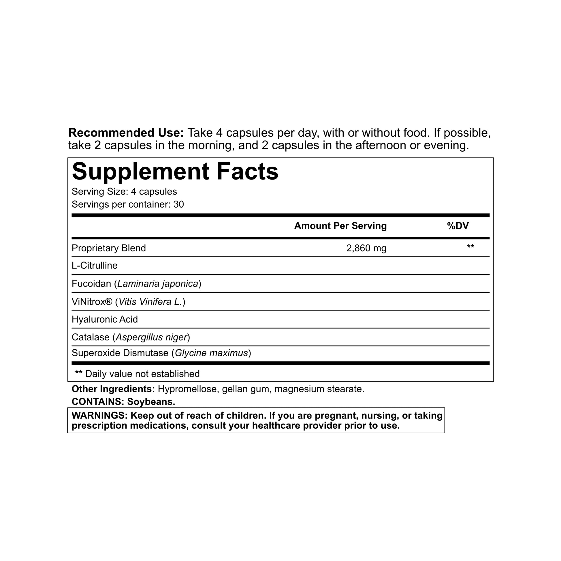 Revasca™ Supplement Facts label showing a 2,860 mg proprietary blend with L-citrulline, fucoidan, ViNitrox®, hyaluronic acid, catalase, and superoxide dismutase. Serving size 4 capsules with 30 servings per container.
